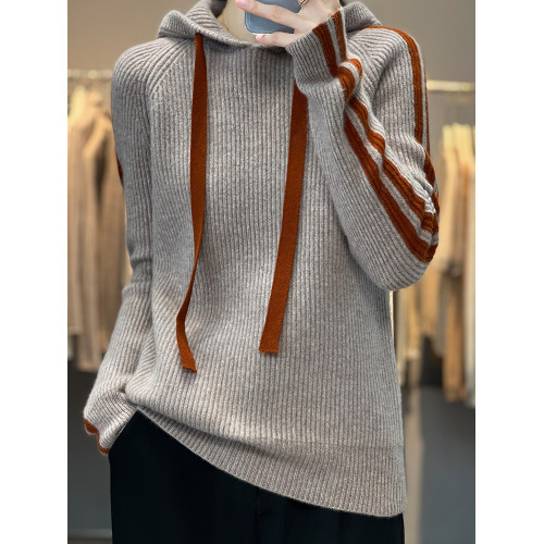 加厚保暖慵懶連帽套頭羊毛針織打底衫女秋冬新款抽條竪條羊絨毛衣