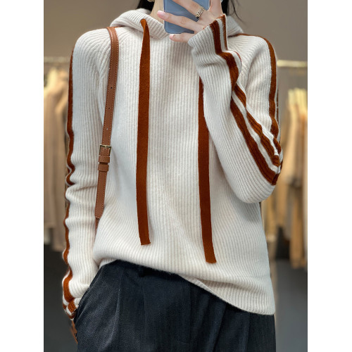 加厚保暖慵懶連帽套頭羊毛針織打底衫女秋冬新款抽條竪條羊絨毛衣