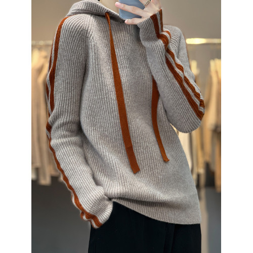 加厚保暖慵懶連帽套頭羊毛針織打底衫女秋冬新款抽條竪條羊絨毛衣