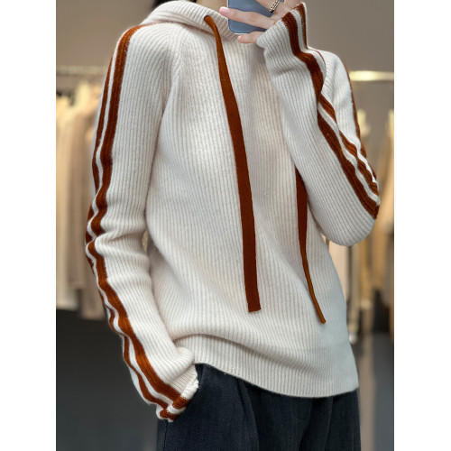 加厚保暖慵懶連帽套頭羊毛針織打底衫女秋冬新款抽條竪條羊絨毛衣