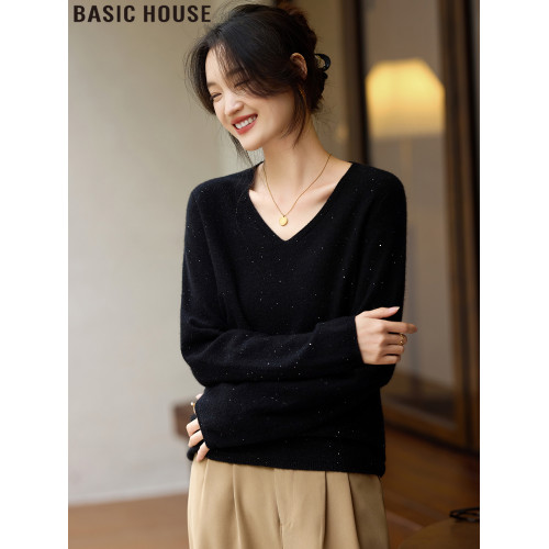 Basic House/百家好法式黑色亮片羊毛針織V領毛衣打底衫女款春季