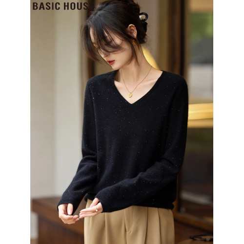 Basic House/百家好法式黑色亮片羊毛針織V領毛衣打底衫女款春季