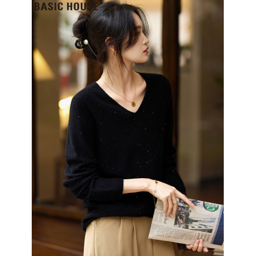 Basic House/百家好法式黑色亮片羊毛針織V領毛衣打底衫女款春季