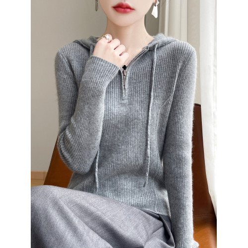 抽條半拉鍊連帽套頭羊毛針織打底衫女秋冬新款百搭長袖羊絨毛衣潮