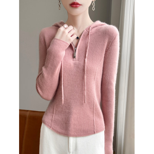 抽條半拉鍊連帽套頭羊毛針織打底衫女秋冬新款百搭長袖羊絨毛衣潮