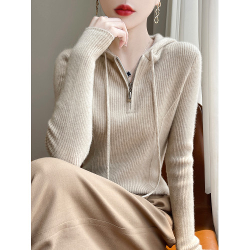 抽條半拉鍊連帽套頭羊毛針織打底衫女秋冬新款百搭長袖羊絨毛衣潮