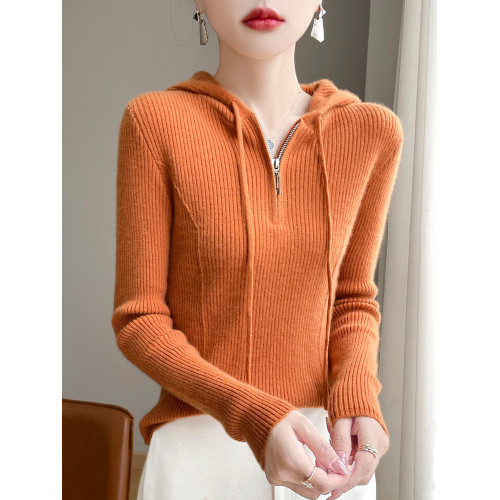 抽條半拉鍊連帽套頭羊毛針織打底衫女秋冬新款百搭長袖羊絨毛衣潮