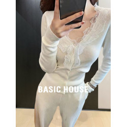 Basic House/百家好小香風V領針織打底衫女早秋性感修身蕾絲小衫