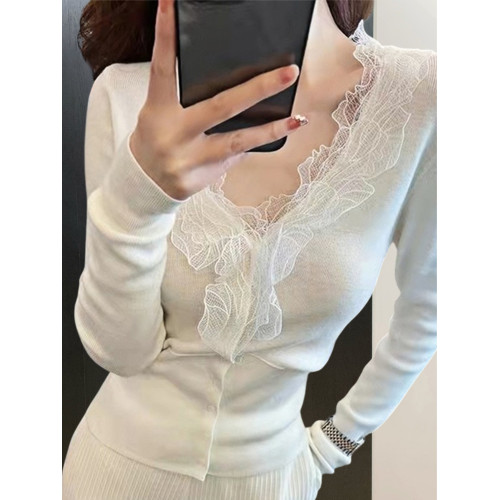 Basic House/百家好小香風V領針織打底衫女早秋性感修身蕾絲小衫