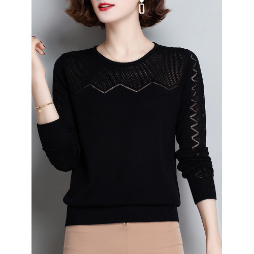 冰絲針織衫女春夏裝2025年新款韓版薄短款長袖上衣鏤空圓領打底衫