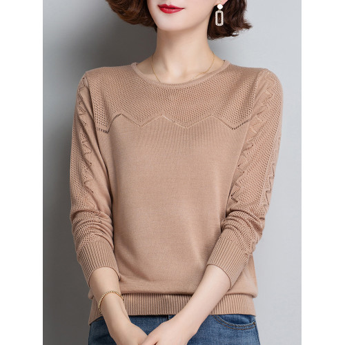 冰絲針織衫女春夏裝2025年新款韓版薄短款長袖上衣鏤空圓領打底衫