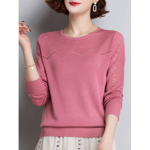 冰絲針織衫女春夏裝2025年新款韓版薄短款長袖上衣鏤空圓領打底衫