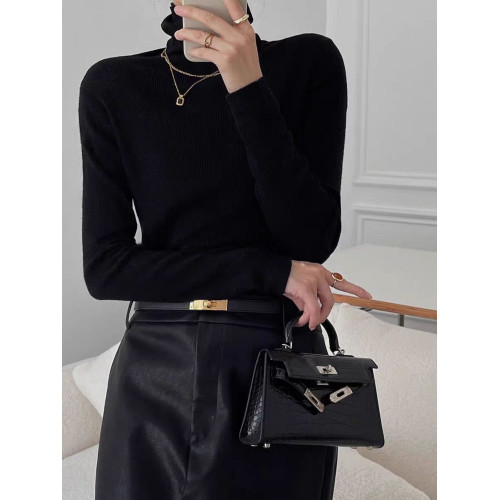 美麗諾精紡羊毛針織高領內搭打底衫女秋冬薄款修身顯瘦堆堆領毛衣