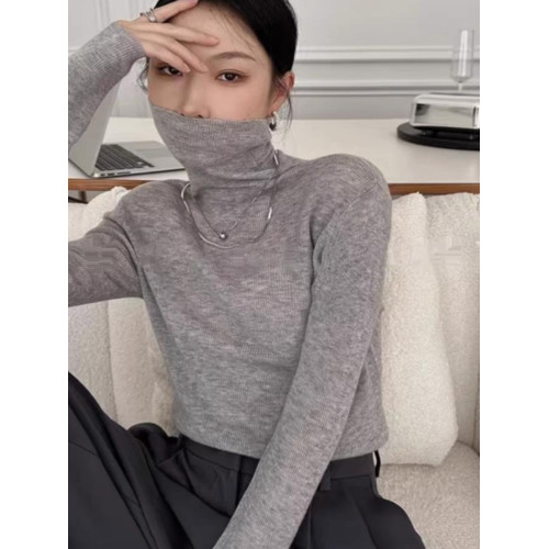 美麗諾精紡羊毛針織高領內搭打底衫女秋冬薄款修身顯瘦堆堆領毛衣