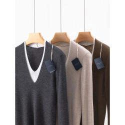 敭子精紡100細羊毛V領假兩件套頭薄毛衣內搭針織打底衫女韓版通勤