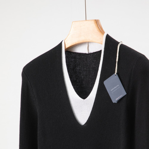 敭子精紡100細羊毛V領假兩件套頭薄毛衣內搭針織打底衫女韓版通勤