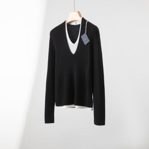 敭子精紡100細羊毛V領假兩件套頭薄毛衣內搭針織打底衫女韓版通勤