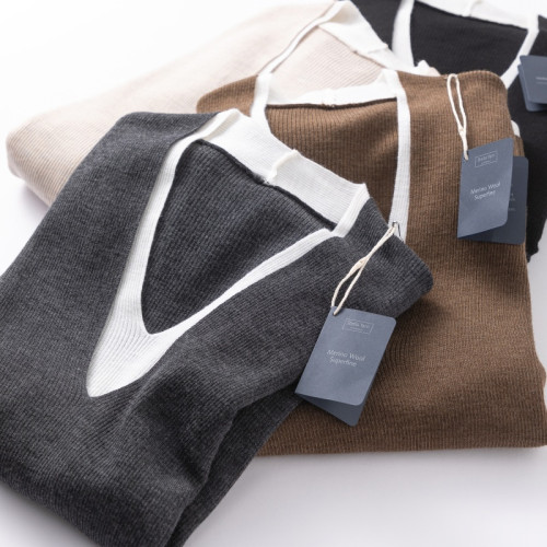 敭子精紡100細羊毛V領假兩件套頭薄毛衣內搭針織打底衫女韓版通勤