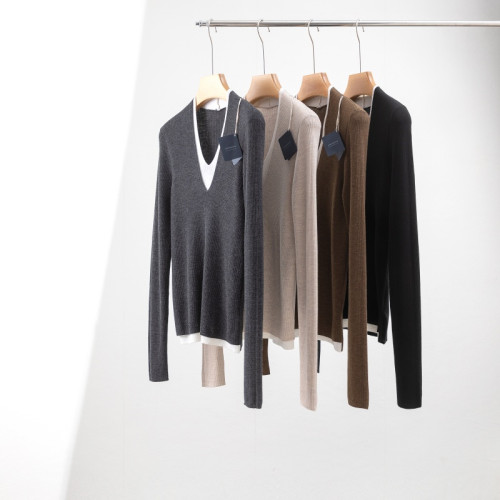 敭子精紡100細羊毛V領假兩件套頭薄毛衣內搭針織打底衫女韓版通勤