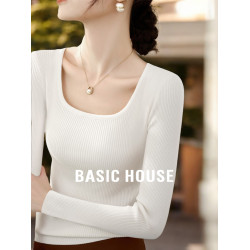 Basic House/百家好高級感方領針織打底衫女早秋長袖修身內搭上衣