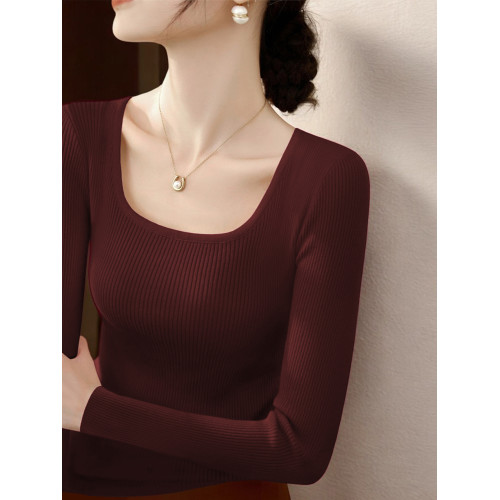 Basic House/百家好高級感方領針織打底衫女早秋長袖修身內搭上衣