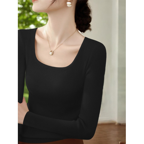 Basic House/百家好高級感方領針織打底衫女早秋長袖修身內搭上衣