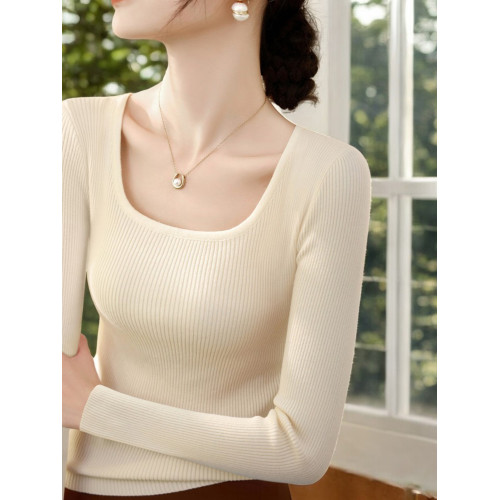 Basic House/百家好高級感方領針織打底衫女早秋長袖修身內搭上衣