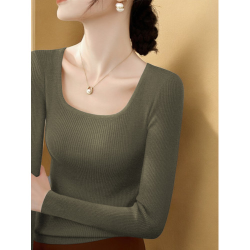 Basic House/百家好高級感方領針織打底衫女早秋長袖修身內搭上衣