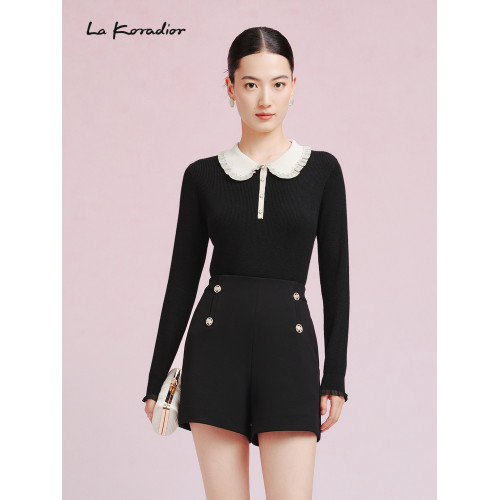 La Koradior拉珂蒂時尚新款法式針織氣質小衫娃娃領長袖打底衫女