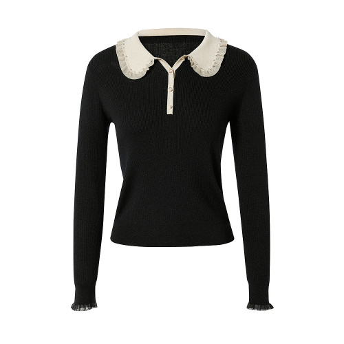 La Koradior拉珂蒂時尚新款法式針織氣質小衫娃娃領長袖打底衫女