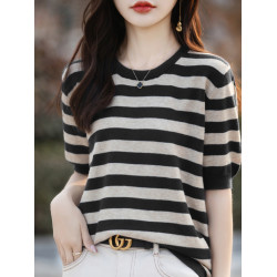夏季新款條紋圓領短袖女寬松半袖薄款針織毛衣打底衫春秋季上衣