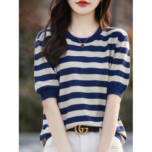 夏季新款條紋圓領短袖女寬松半袖薄款針織毛衣打底衫春秋季上衣