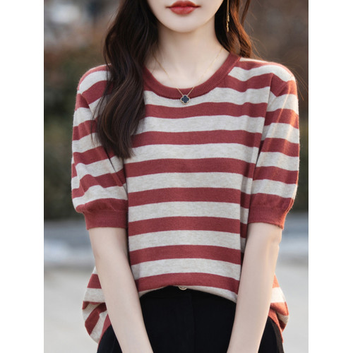 夏季新款條紋圓領短袖女寬松半袖薄款針織毛衣打底衫春秋季上衣