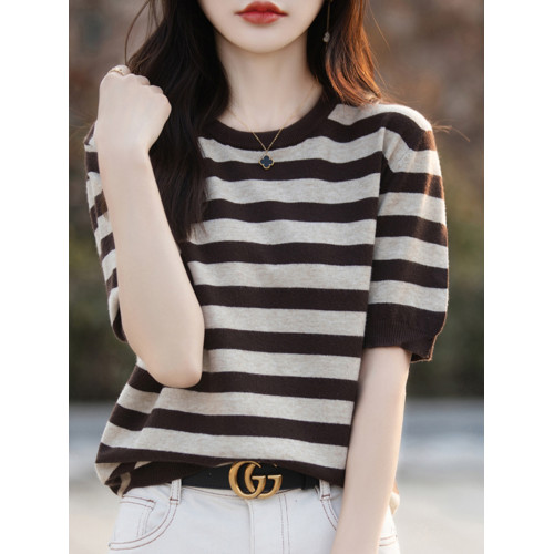 夏季新款條紋圓領短袖女寬松半袖薄款針織毛衣打底衫春秋季上衣