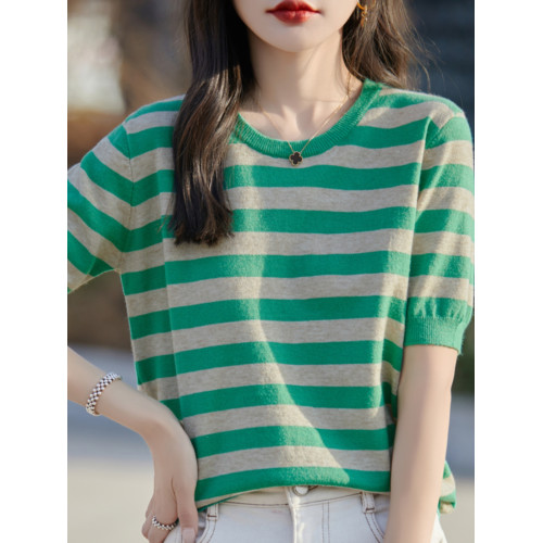 夏季新款條紋圓領短袖女寬松半袖薄款針織毛衣打底衫春秋季上衣