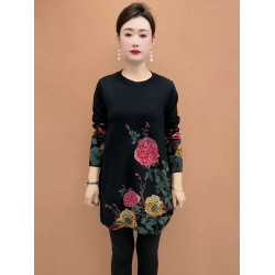 中年媽媽羊毛針織衫女寬松加肥加大碼印花毛衣遮肚長袖打底衫上衣