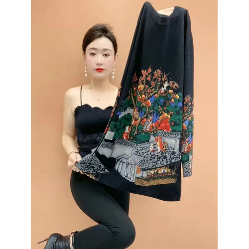中年媽媽羊毛針織衫女寬松加肥加大碼印花毛衣遮肚長袖打底衫上衣