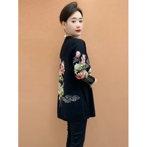 中年媽媽羊毛針織衫女寬松加肥加大碼印花毛衣遮肚長袖打底衫上衣