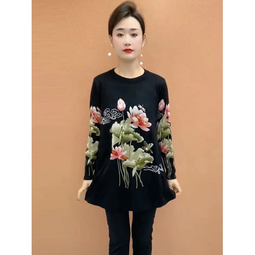 中年媽媽羊毛針織衫女寬松加肥加大碼印花毛衣遮肚長袖打底衫上衣