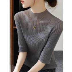 Basic House/百家好半高領針織打底衫女早秋新款網紗拼接中袖上衣