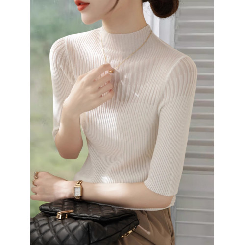 Basic House/百家好半高領針織打底衫女早秋新款網紗拼接中袖上衣