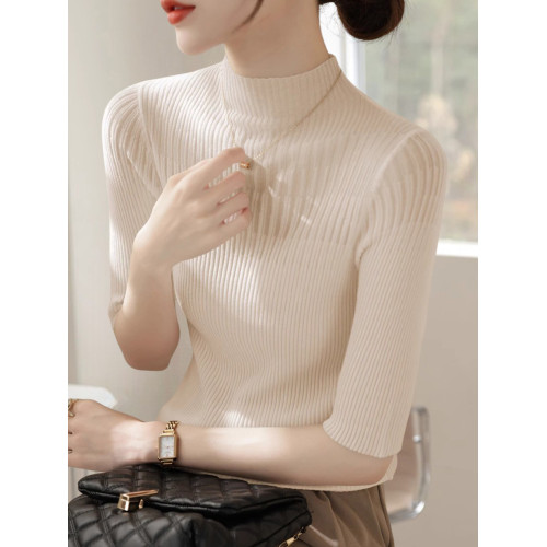 Basic House/百家好半高領針織打底衫女早秋新款網紗拼接中袖上衣