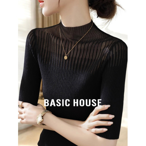 Basic House/百家好半高領針織打底衫女早秋新款網紗拼接中袖上衣