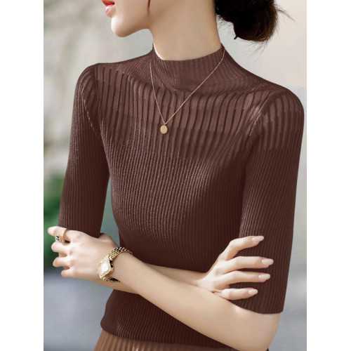 Basic House/百家好半高領針織打底衫女早秋新款網紗拼接中袖上衣