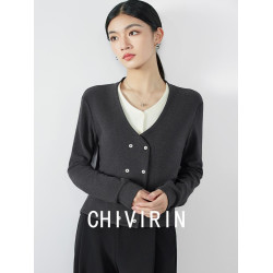 CHIVIRIN/千韻 法式秋冬上衣女曡穿復古百搭假兩件高級開衫打底衫