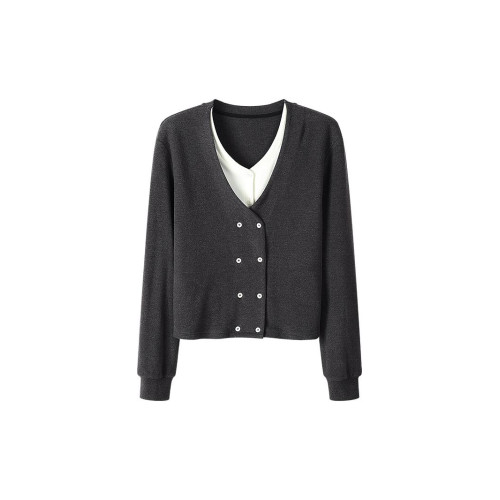 CHIVIRIN/千韻 法式秋冬上衣女曡穿復古百搭假兩件高級開衫打底衫