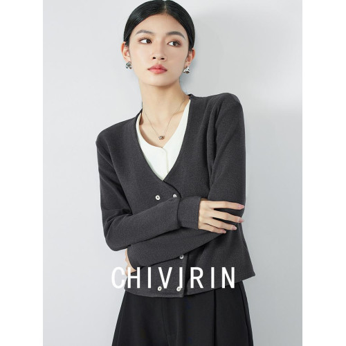 CHIVIRIN/千韻 法式秋冬上衣女曡穿復古百搭假兩件高級開衫打底衫
