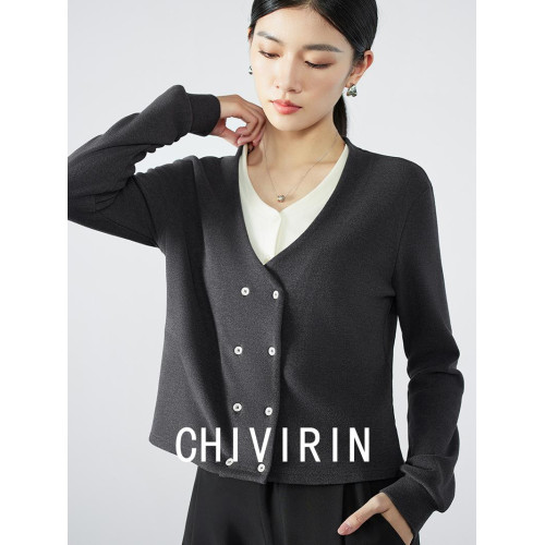 CHIVIRIN/千韻 法式秋冬上衣女曡穿復古百搭假兩件高級開衫打底衫