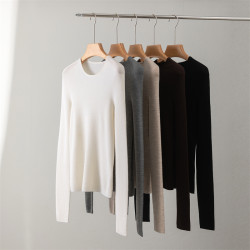 敭子紗精紡100細羊毛圓領針織打底衫女修身顯瘦薄款毛衣內搭通勤