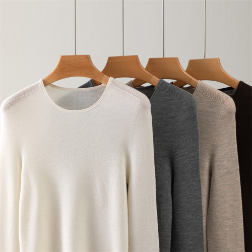 敭子紗精紡100細羊毛圓領針織打底衫女修身顯瘦薄款毛衣內搭通勤